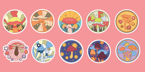 Collection round stickers magic hallucinogenic mushrooms. Fantasy cute elements. Retro cartoon mushrooms. Abstract modern design. Hippie style. Vector flat illustration on an isolated background.
