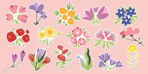 Collection different flower stickers. Blooming cute elements. Hand drawn camellia, canola, tulip, magnolia, buttercup, lily of the valley. Decorative floral cartoon design. Vector flat illustration.