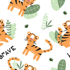 Seamless pattern with cute tigers. Sitting playful striped tigers on a white background with tropical plants. Vector illustrations for design, decor, textiles.
