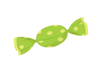 Candy in green packaging. Sweets and gifts for children. Food for tea or coffee. Sticker for social networks and graphic elements for website. Caramel, sugar. Cartoon flat vector illustration