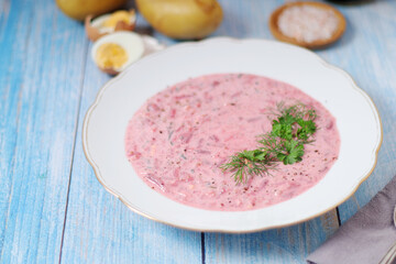 A plate with cold beetroot soup - national dish of Baltic region