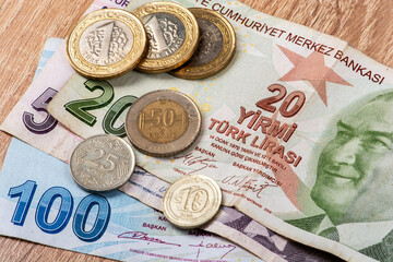 Turkish Lira banknotes and coins