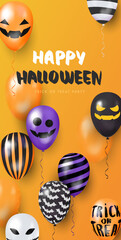 Template banner orange background with 3d balloons with faces. Happy Halloween