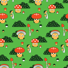 Fototapeta premium Seamless pattern with cute cartoon mushrooms. Surface design with retro mushroom characters, pretty fly agaric and other plants on a green background. Vector illustration.