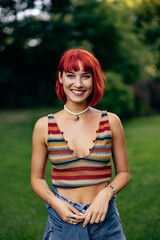 Portrait of a girl in a summer outfit, smiling for the camera,