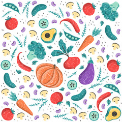 Set of summer vegetables, vegetarian set, eggplant, broccoli, tomato, cucumber, beans, peas, pumpkin, pepper, mushrooms.