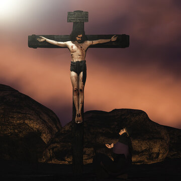 jesus on the cross and woman kneeling on the ground. Illustration.