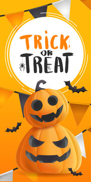 Happy halloween banner with illustration of realistic pumpkins with faces.