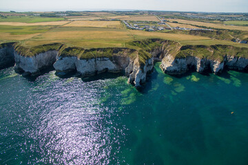 Aerial view of Flamborough, North Landing, High Cliffs and sandy Beach, Flamborough,  East Riding of Yorkshire, Jurassic coastline © burnstuff2003
