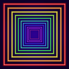 multicolored neon square, a geometric figure made of a multicolored gradient. a pattern of square in the center of bright purple lines glowing in the dark from red to purple on dark