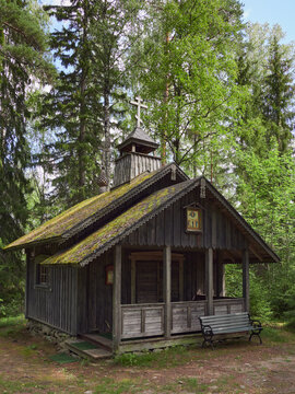 In old cemetery of Uusi Valamo orthodox monastery in Finland: chapel, crosses, orthodox tradition.