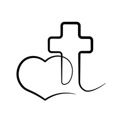 Christian icon Cross and heart in linear. Black and White