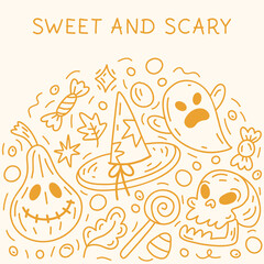 Halloween doodle illustration with place for text. Skulls, bats, pumpkins, sweets, ghosts, witch hats, candles, autumn leaves. For websites, social media and prints. Hand-drawn sketch doodle vector 