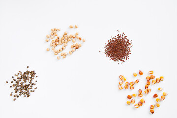 Flat lay microgreen seeds on white background