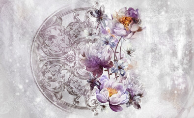 Fototapety  large peonies in a semi-arch of monograms on a textural background photo wallpaper