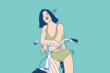 Illustrations Beautiful young woman rides a bicycle on the beach