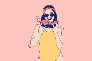 Illustrations Beautiful Young woman eating a watermelon on the beach on summer vacation