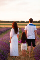 Vinnytsia, Ukraine. July 10, 2022. A young family walks in a lavender field in the summer at sunset