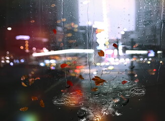   Autumn rain , leaves in puddles on  asphalt night city blurred light  on  water rainy drops on window glass defocual background 