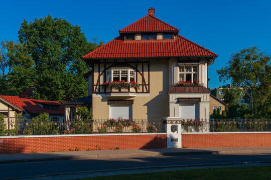 View of a villa in the historic district of Amalienau (former prestigious suburb of Koenigsberg) on a sunny summer day, Kaliningrad, Russia