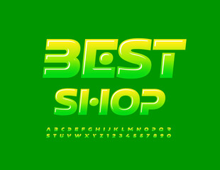 Vector advertising badge Best Shop with unique Alphabet Letters and Numbers. Green gradient Font