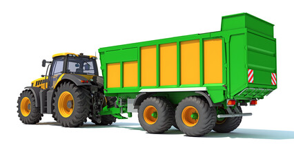 Farm Tractor with Trailer 3D rendering on white background