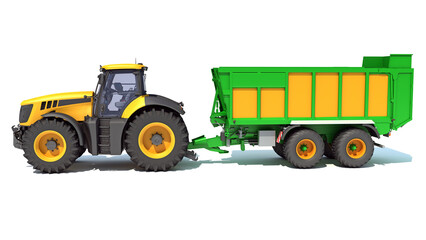 Farm Tractor with Trailer 3D rendering on white background