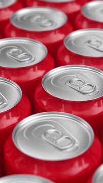 Many Red Aluminum Metal Soda Cans. 3d Animation Render, infinite loop