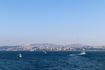 view of the bosphorus strait in Istanbul, Turkey in the bright sunny day