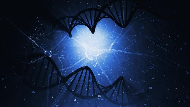 DNA chains and nerve cells on dark blue artistic science background.