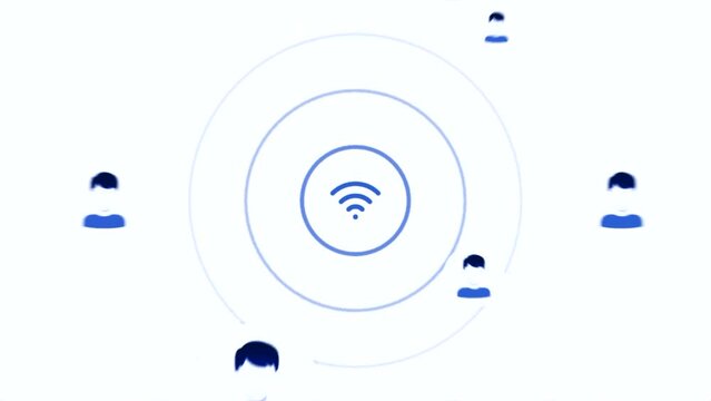 White background. Motion.The concept of distributing the Internet with a red and blue Wi-Fi icon and connecting users are visible in the animation.