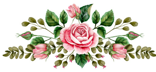 Watercolor pink rose romantic flower border illustration.