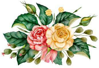 Watercolor red and yellow rose romantic flower border illustration.