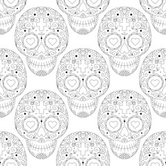 Vector illustration, seamless pattern with ornaments and flowers with skulls for the day of the dead. Sugar skull. Monochrome.