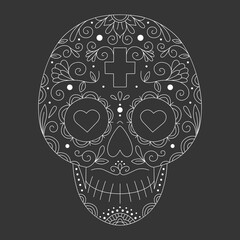 Vector illustration of Mexican skull with ornament and flowers. Sugar skull. The day of the Dead. Tattoo.
