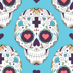 Vector illustration, seamless pattern and flowers with skulls for the day of the dead. Sugar skull. Psychedelic colors. Hippie.