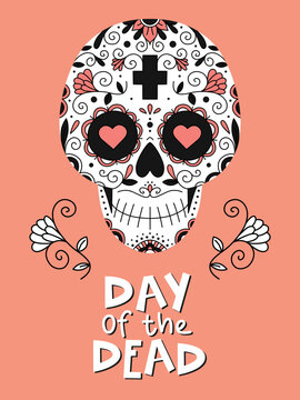 Vector illustration. Banner with Mexican skull, ornament and flowers. Sugar skull. Lettering for the Day of the Dead. Poster. Card.