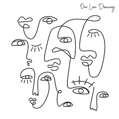 One line drawing people faces composition