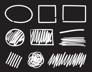 Abstract geometric frames. Hand drawn white hatched shapes on black. Abstract hatching. Sketchy tangled elements. Freehand scrawls. Black and white illustration