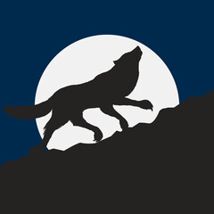 The wolf howling at the moon. Silhouette of animal in the night. Halloween background.