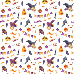 Watercolor halloween seamless pattern. Cartoon skull, witch hat, jack-o-lantern pumpkin