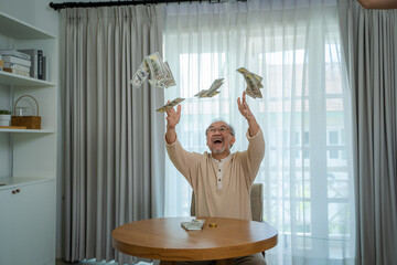 Senior man happy with money,Holding Dollar Banknotes,Celebrating achievement with happy smile.