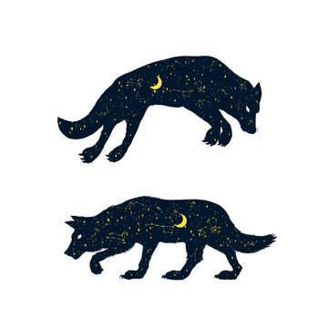The wolf howling at the moon. Silhouette of Magical animal with crescent moon and stars in the night. Pagan totem. Halloween icons for Sticker, print or tattoo