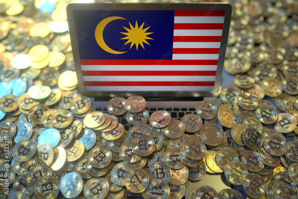 Aufkleber computer with flag of malaysia and pile of bitcoins. national regulations and cryptocurrency mining 