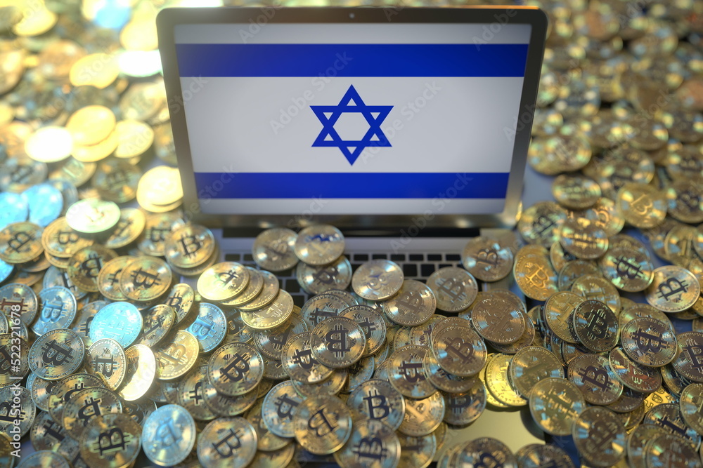 Aufkleber computer with flag of israel and pile of bitcoins. national regulations and cryptocurrency mining co