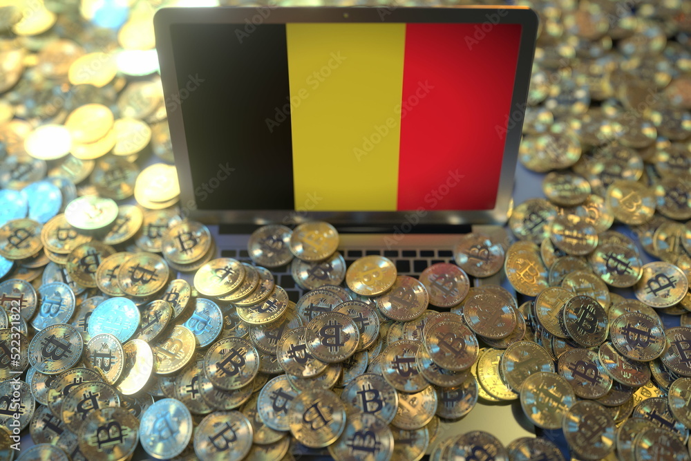 Aufkleber computer with flag of belgium and pile of bitcoins. national regulations and cryptocurrency mining c