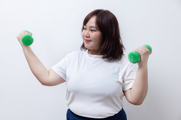 Naklejka premium Isolated Plump Body Woman Hold Dumbbell with Weight Lifting Pose