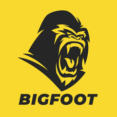 Silverback Gorilla scream logo. Angry bigfoot icon. Yeti symbol. Sasquatch emblem. Mythical cryptid ape creature face. Vector illustration. - obrazy, fototapety, plakaty