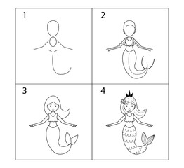 Step-by-step explanation with pictures. How to draw a mermaid. Cute children's drawing, coloring book with a magical underwater character. An illustration for a drawing tutorial. - obrazy, fototapety, plakaty