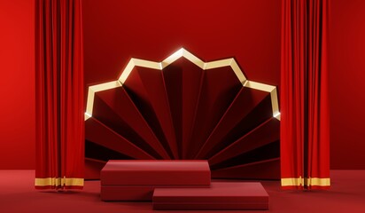 3D rendering of blank product background for cream cosmetics Modern red podium background